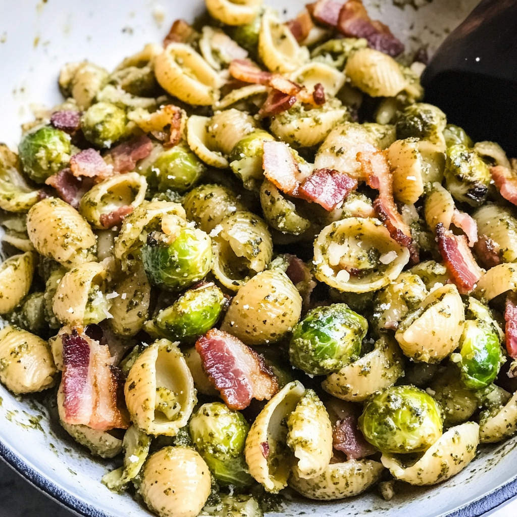Brussels Sprouts and Bacon Pesto Pasta