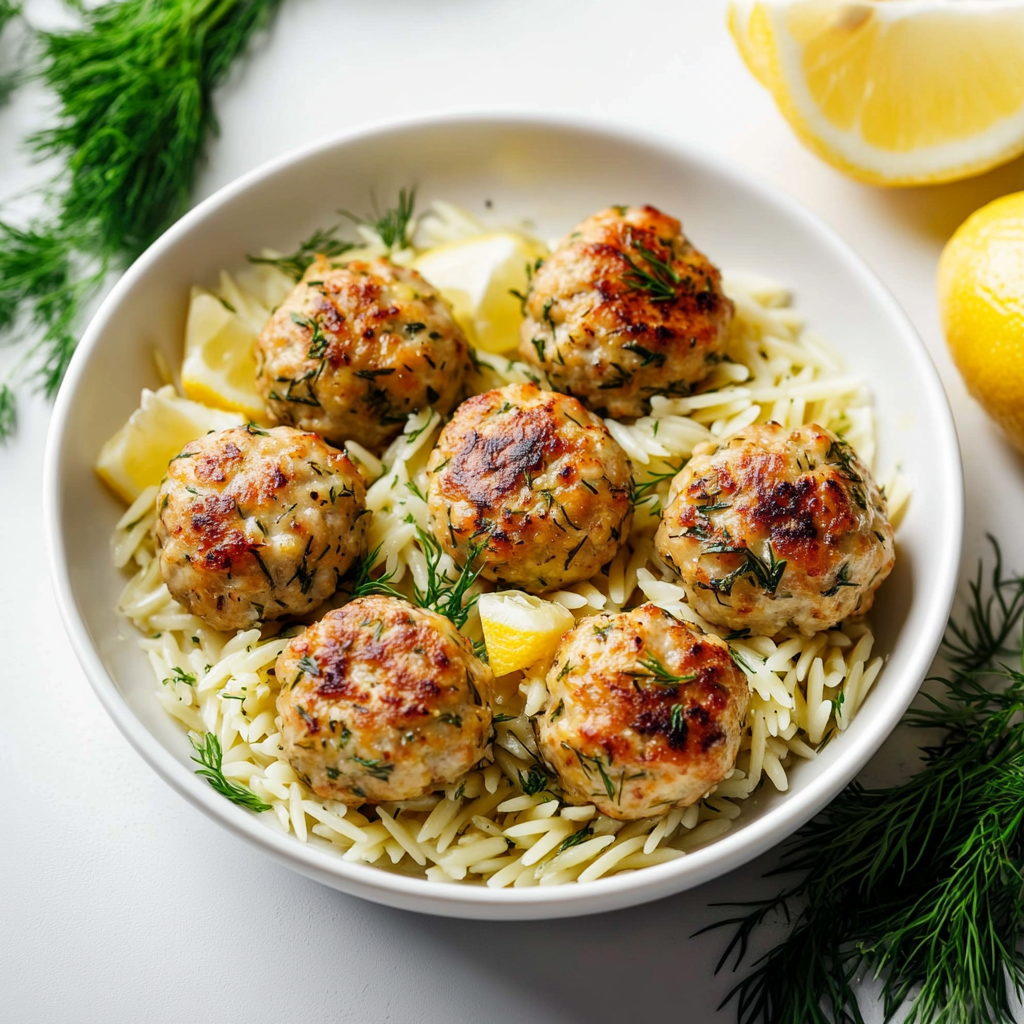 Greek Chicken Meatballs with Lemon Orzo