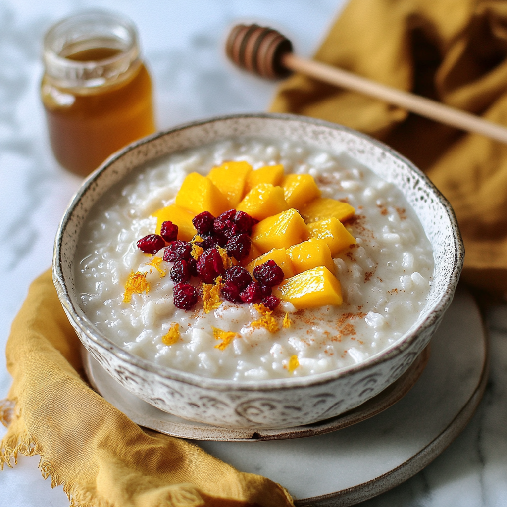 Coconut Rice Pudding with Mangos and Honey