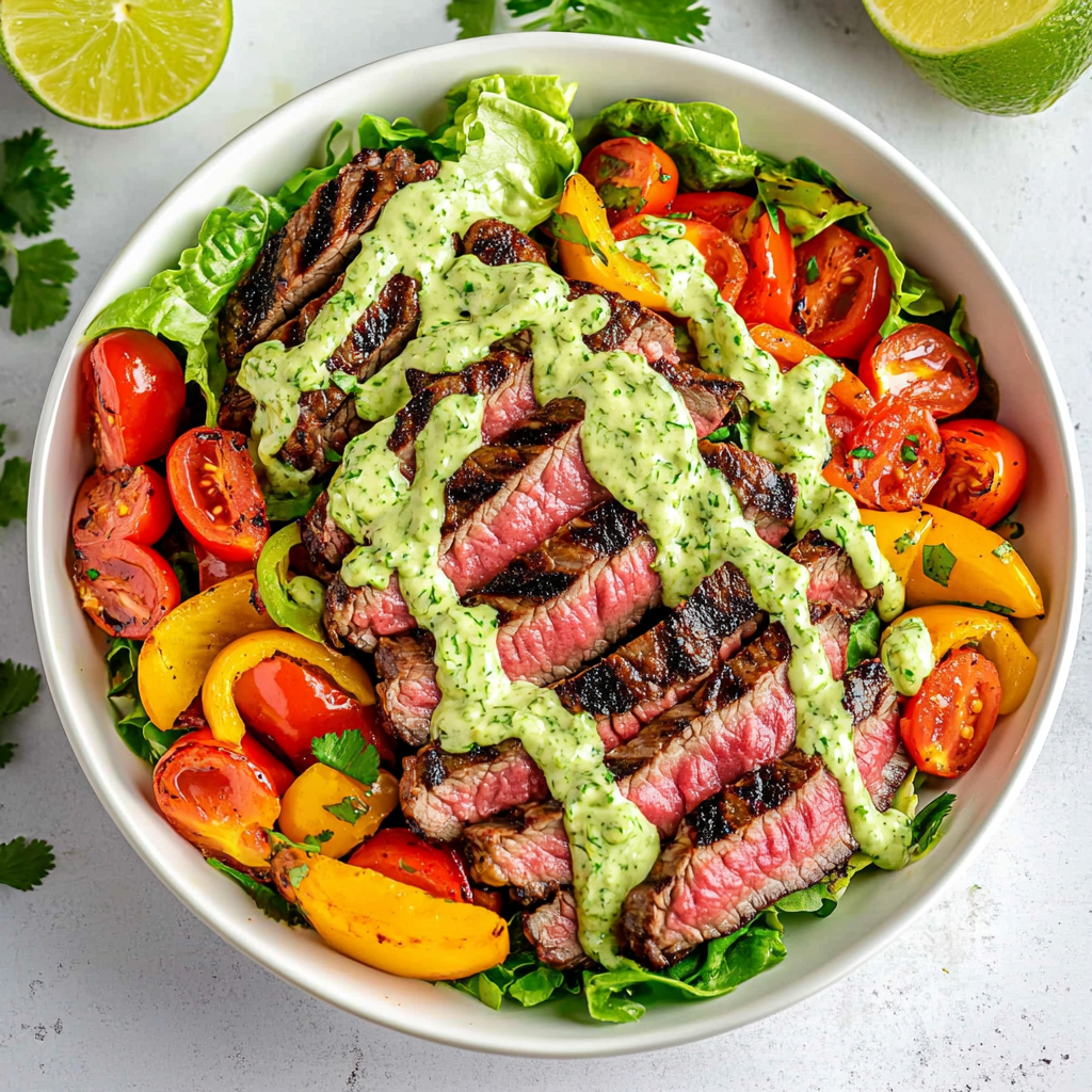 Steak Fajita Salad with Cilantro Avocado Dressing