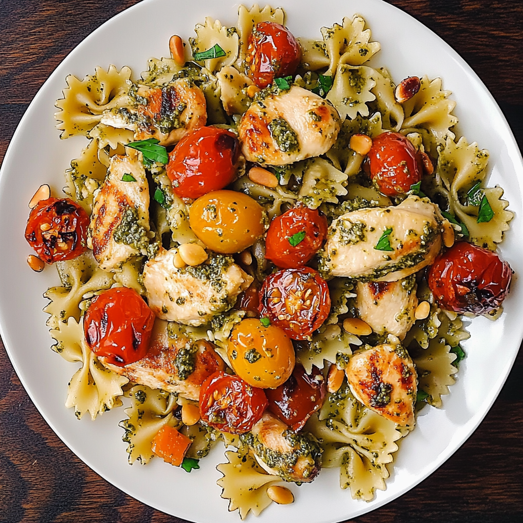 Chicken Pesto Pasta with Tomatoes and Pine Nuts