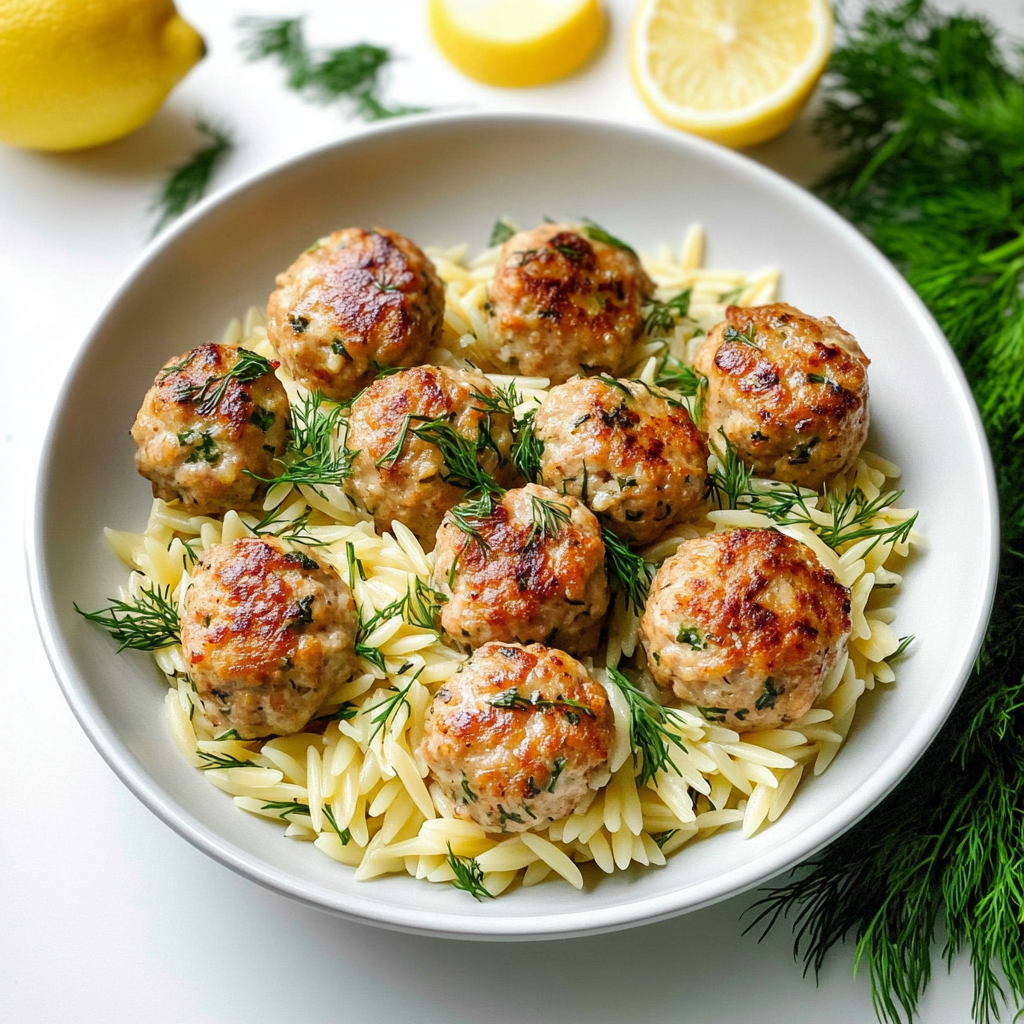 Greek Chicken Meatballs with Lemon Orzo